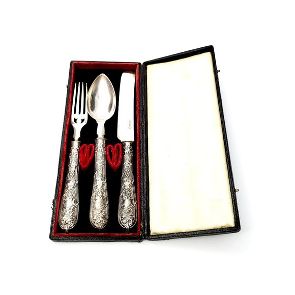 Antique Albert Coles Coin Silver Fork Spoon Knife Set with Box #8495 - Picture 1 of 9